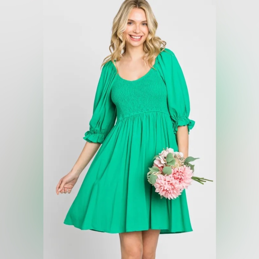 eesome Emerald Green Smocked Bodice Midi Dress with Puff Sleeves Kentucky derby